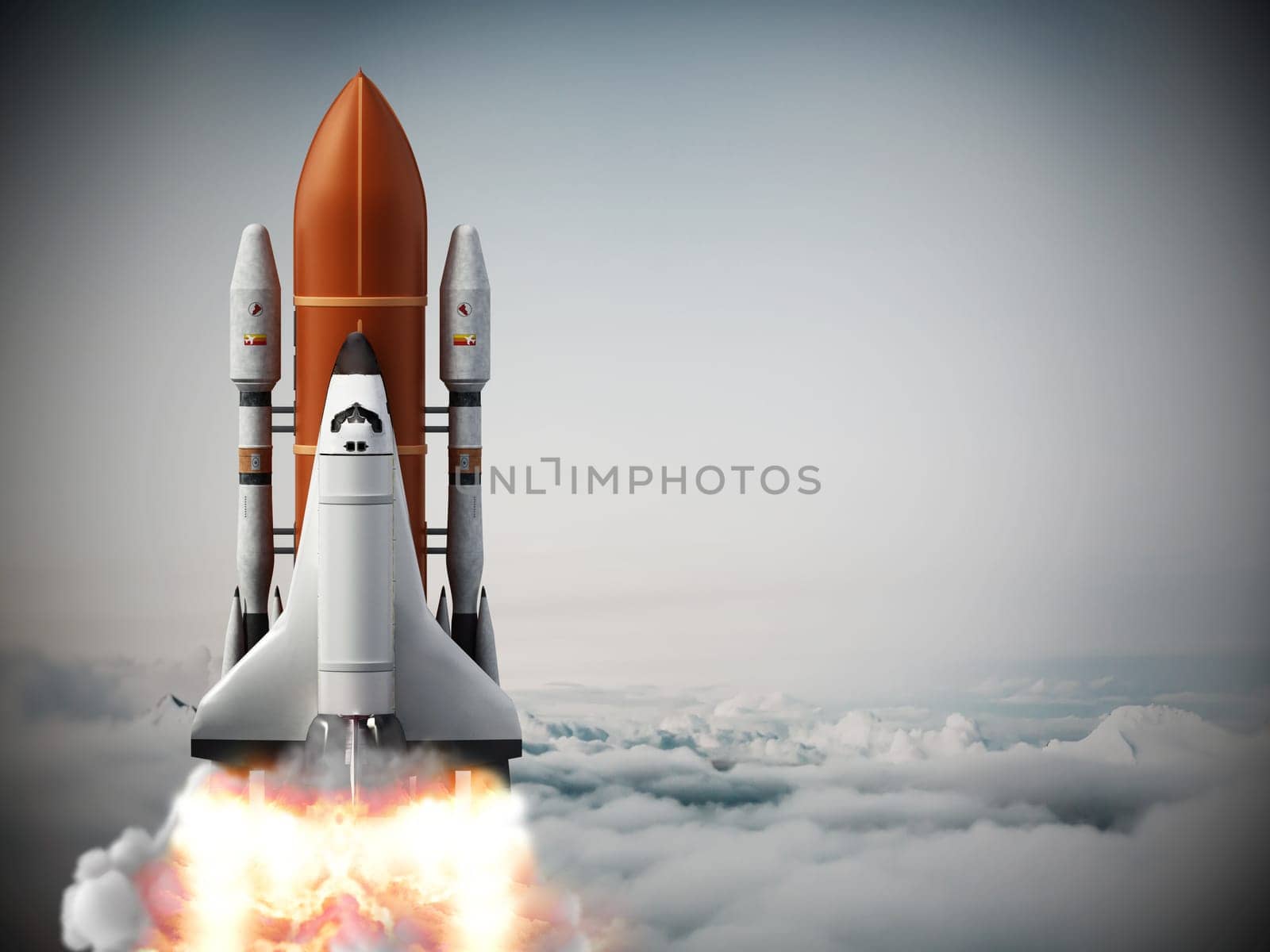 Rocket carrying space shuttle launches off. 3D illustration.