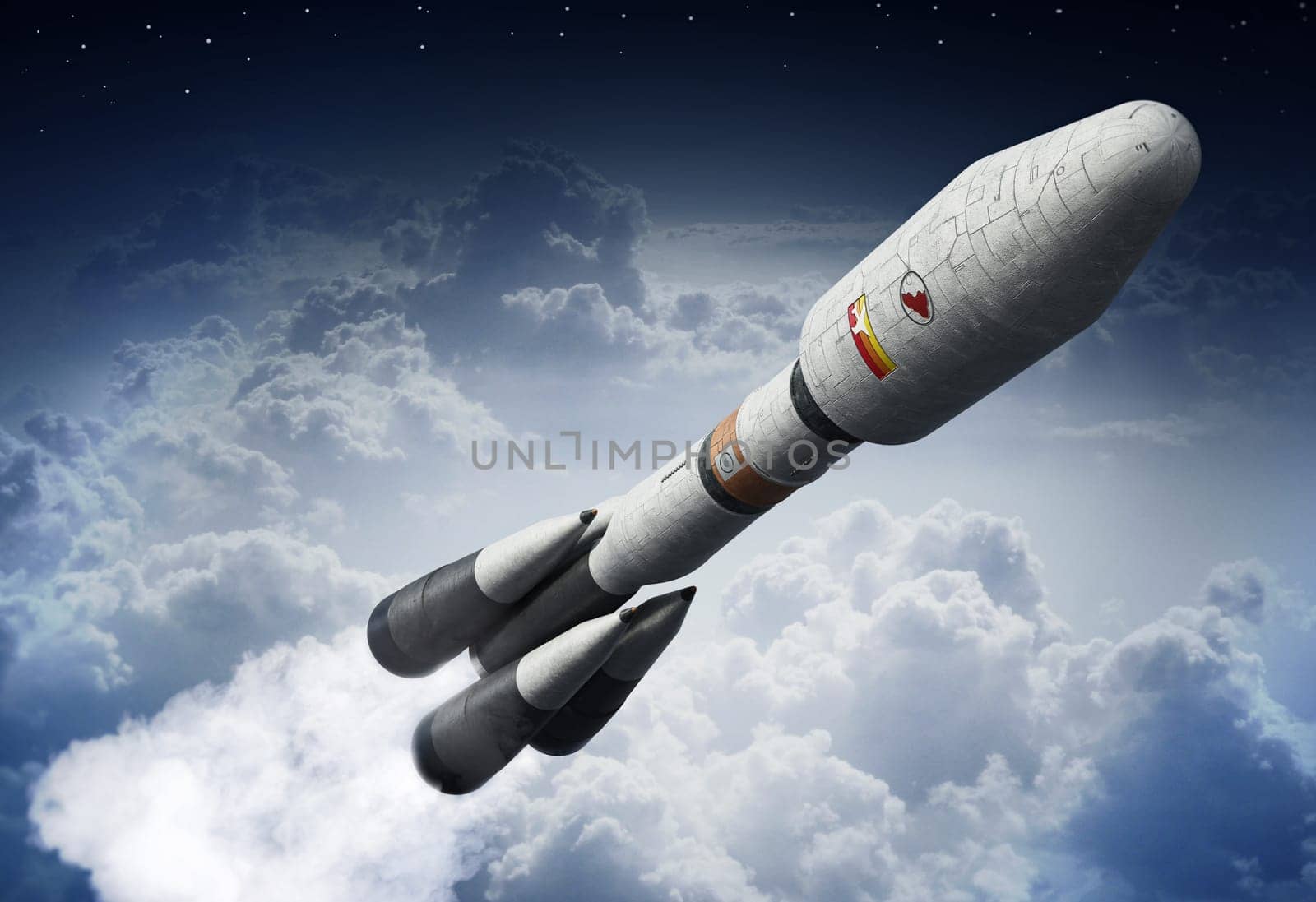 Space rocket leaves Earth's atmosphere. 3D illustration.