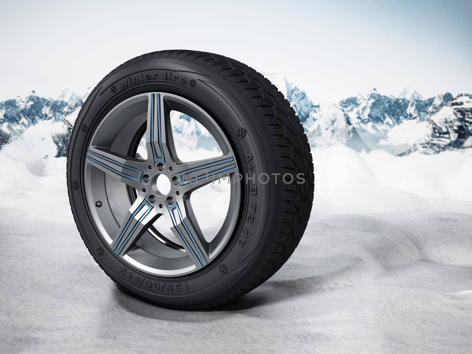 Winter tyre standing on snow. 3D illustration.