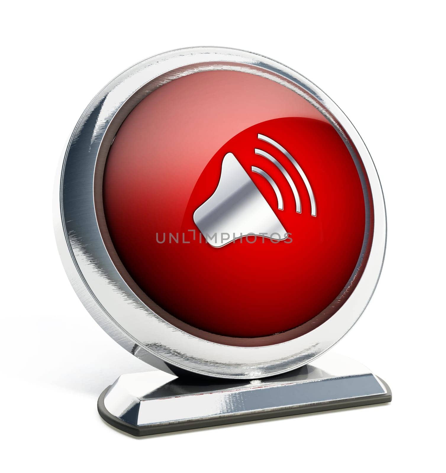Glossy red button with speaker symbol. 3D illustration.