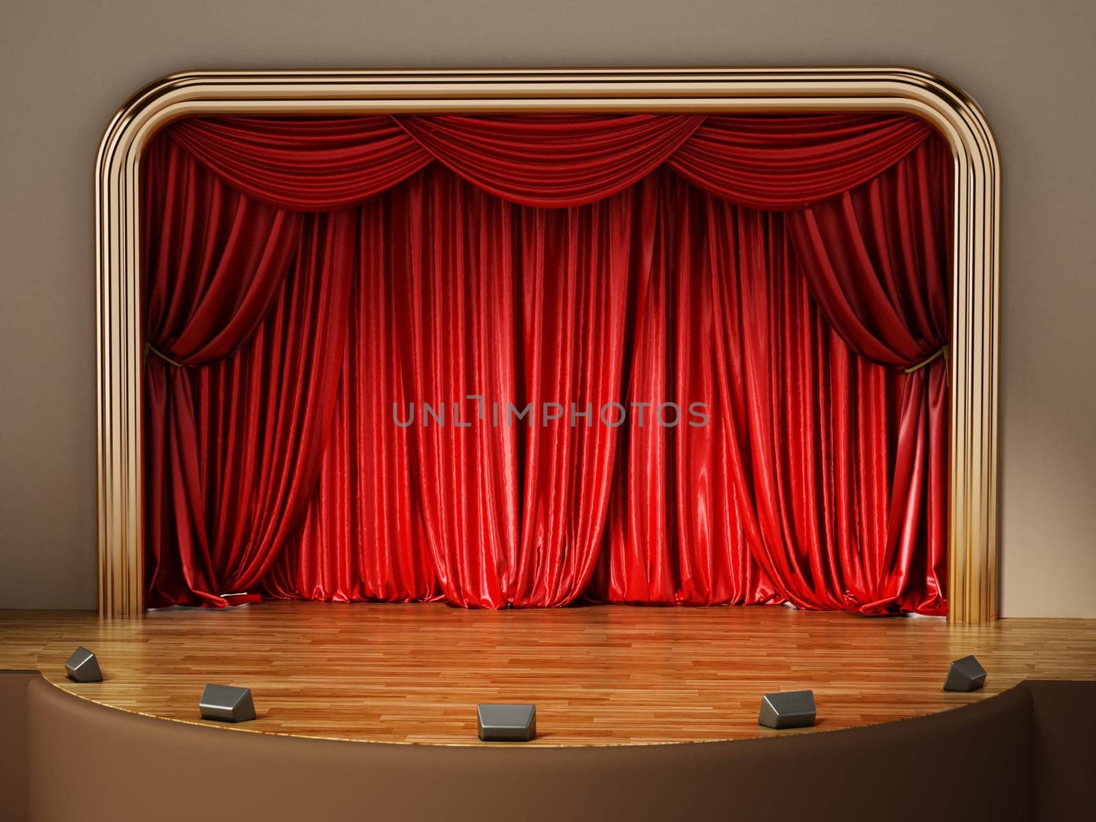 Theater stage with closed red curtain. 3D illustration.