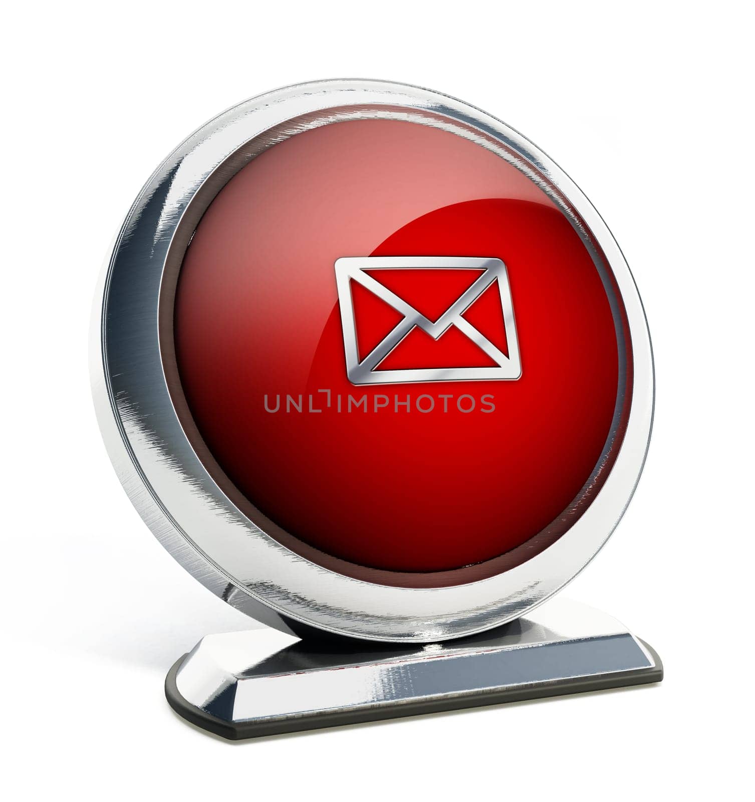 Glossy red button with enveloppe symbol. 3D illustration.