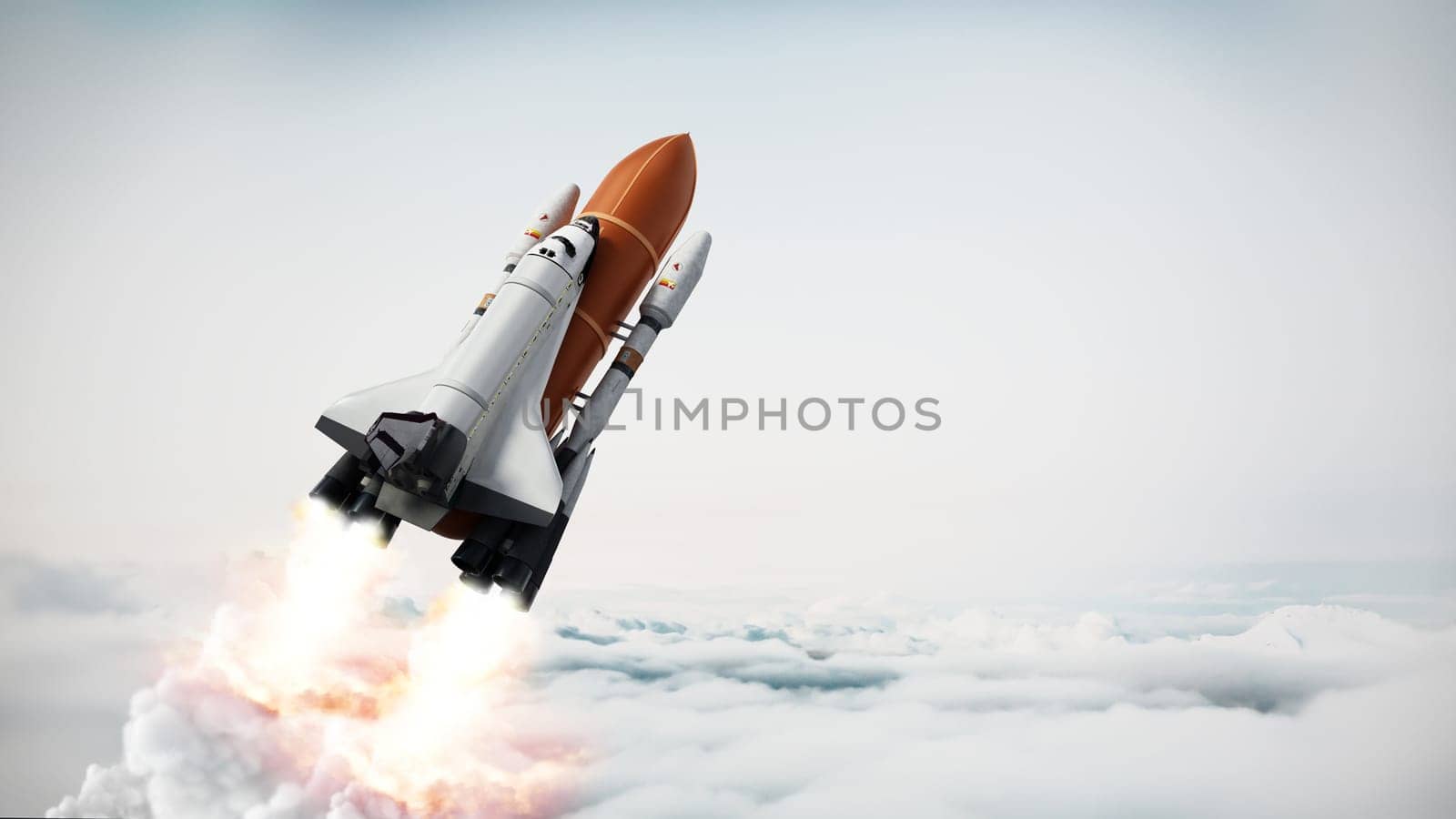 Rocket carrying space shuttle launches off. 3D illustration.