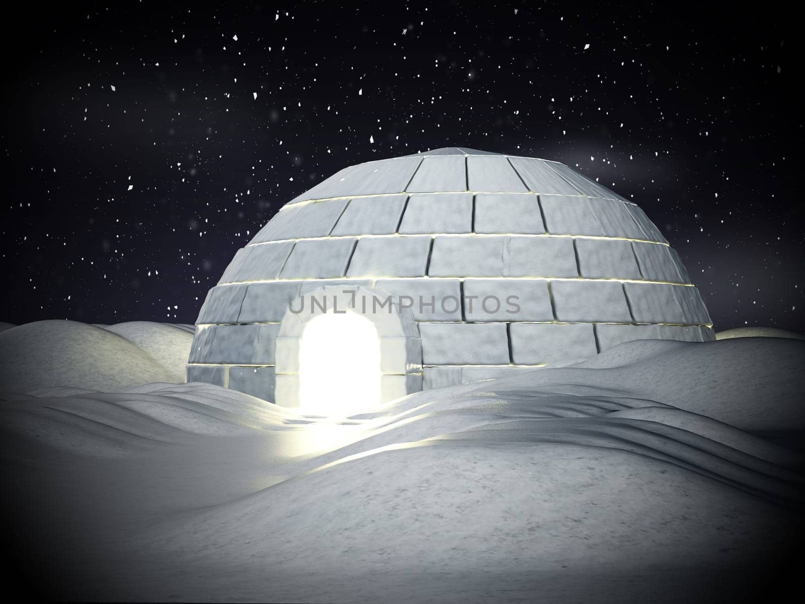 Igloo standing on snowy plane. 3D illustration.