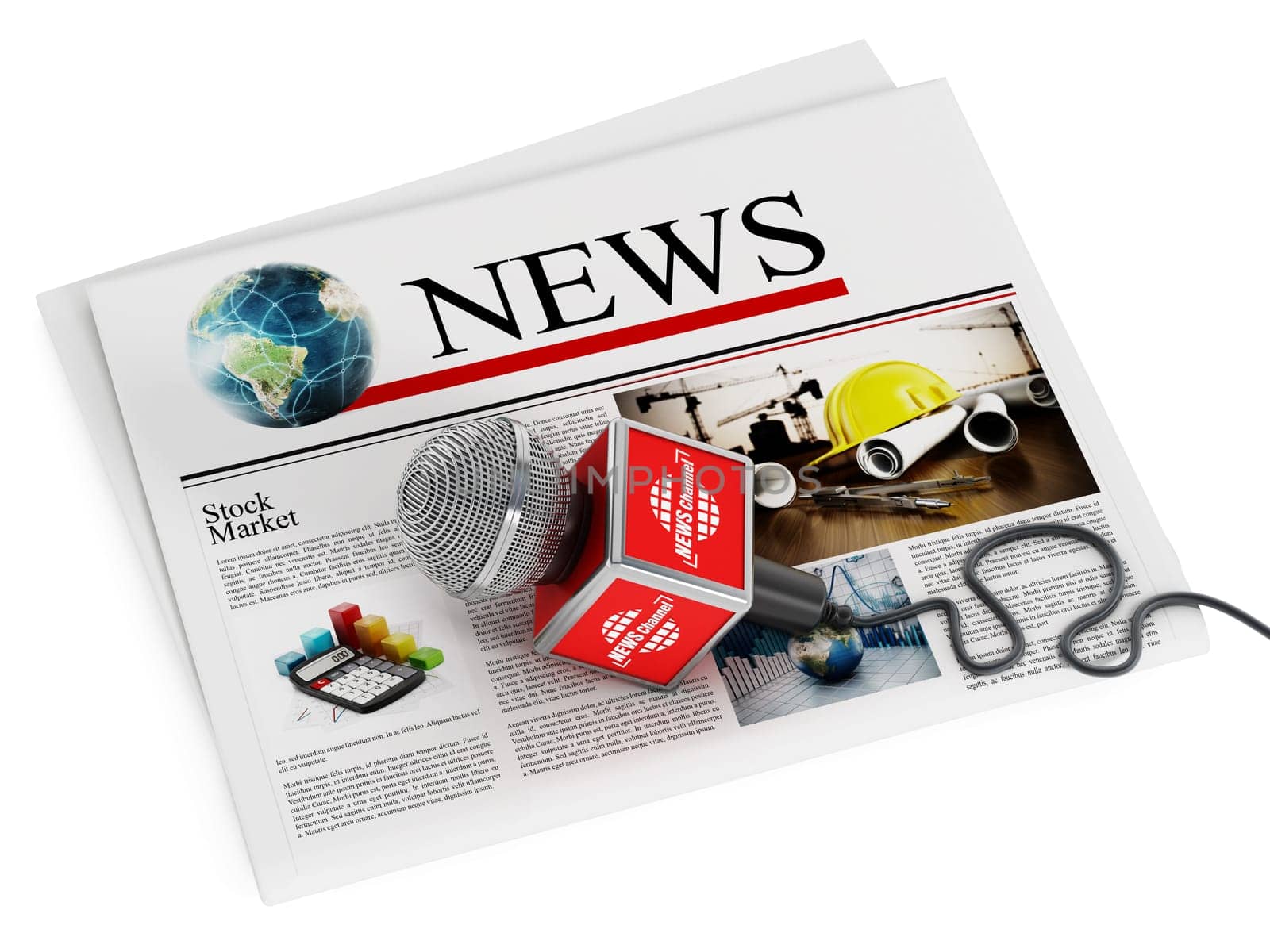 Newspaper and microphone isolated on white background. 3D illustration.