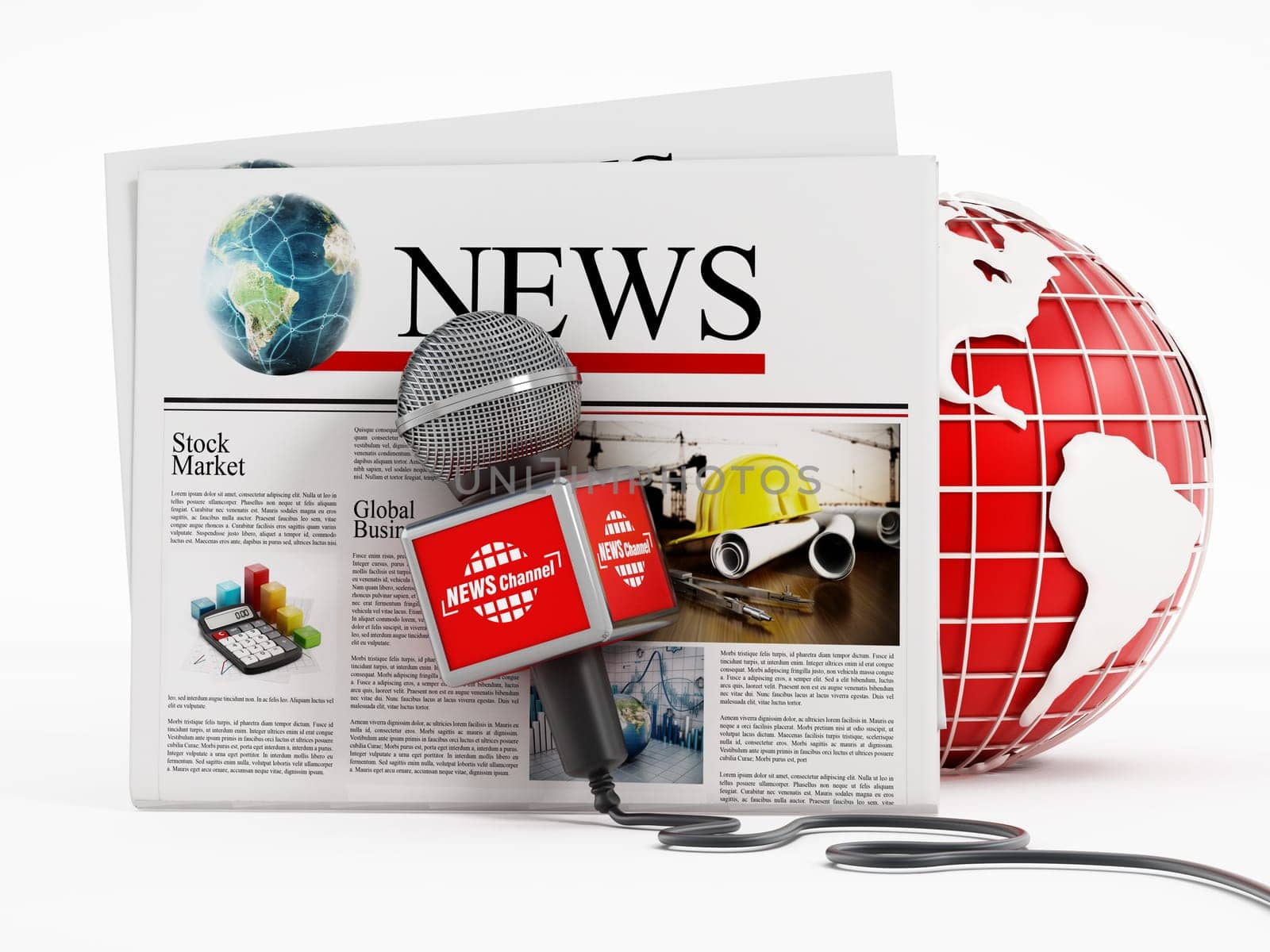 Newspaper, microphone and globe isolated on white background. 3D illustration.