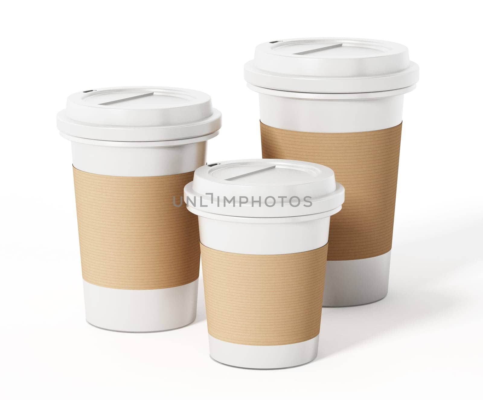 Various sized coffee cups isolated on white background. 3D illustration.