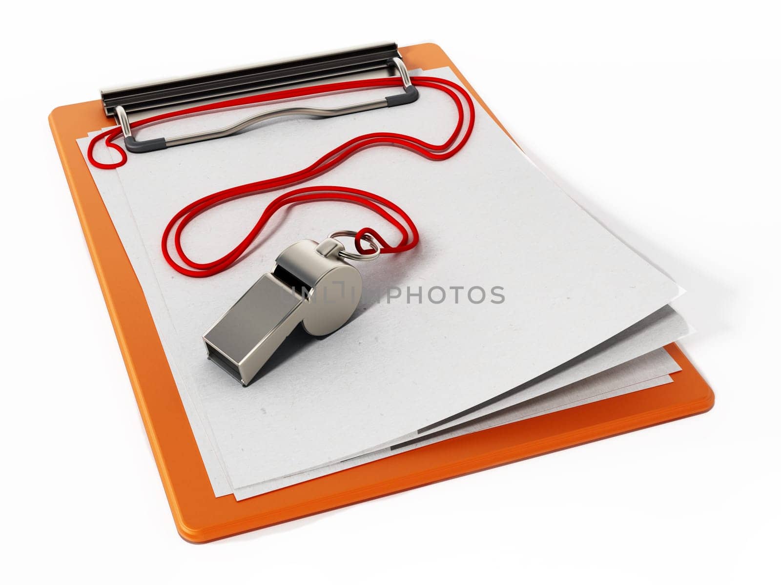 Sports whistle and empty pages isolated on white background. 3D illustration.