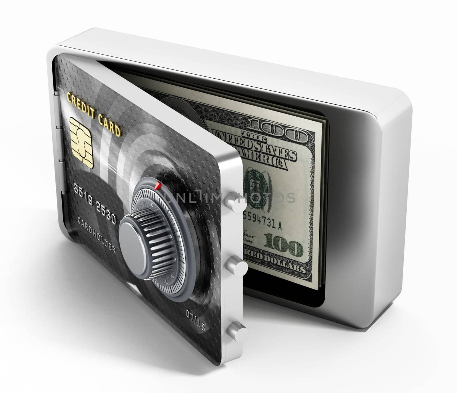 Half open credit card shaped steel safe. 3D illustration.