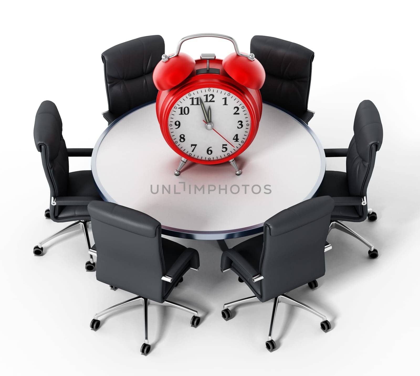 Red alarm clock on round business table isolated on white background. 3D illustration.