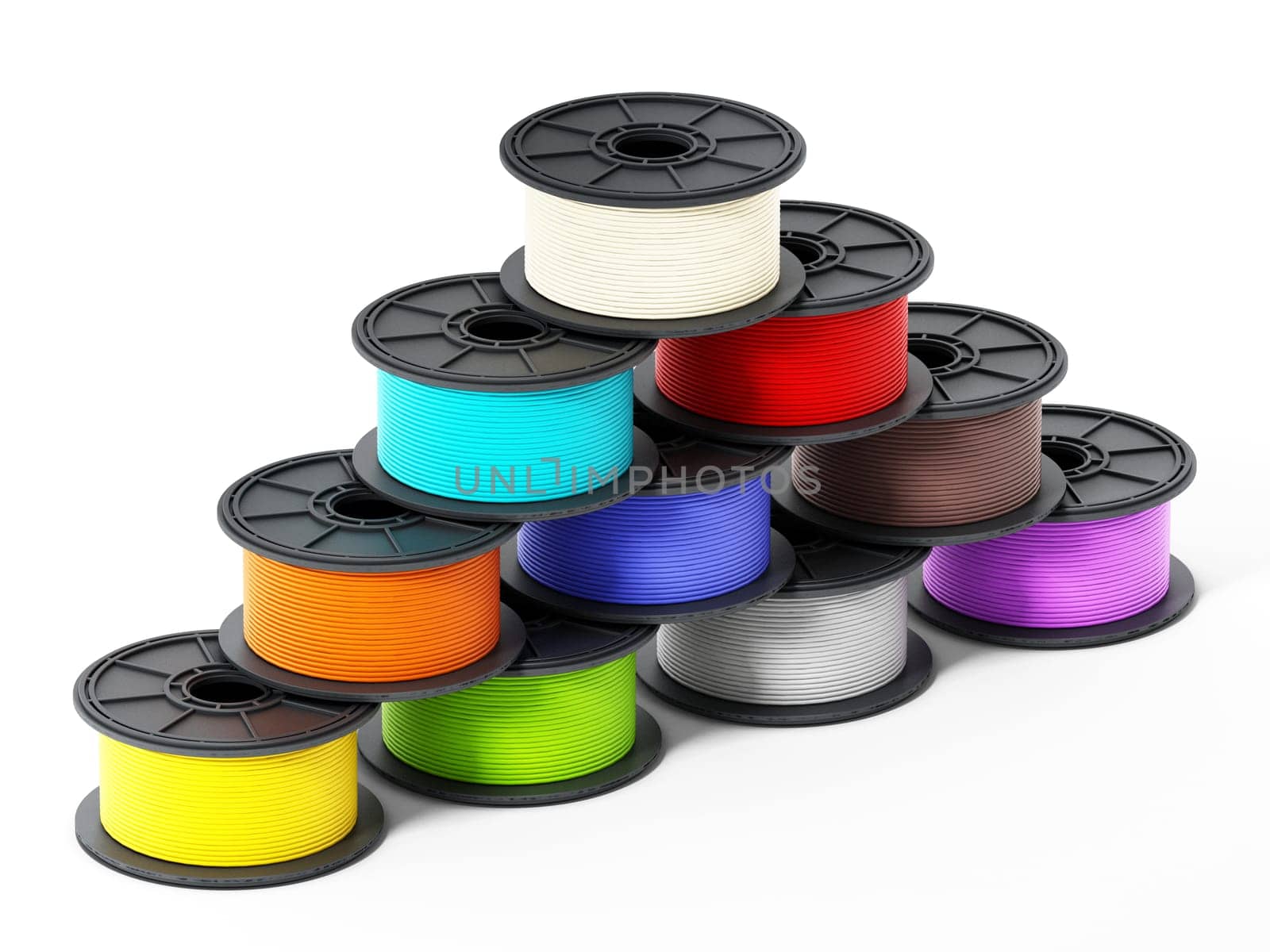 3D printer filaments isolated on white background. 3D illustration.