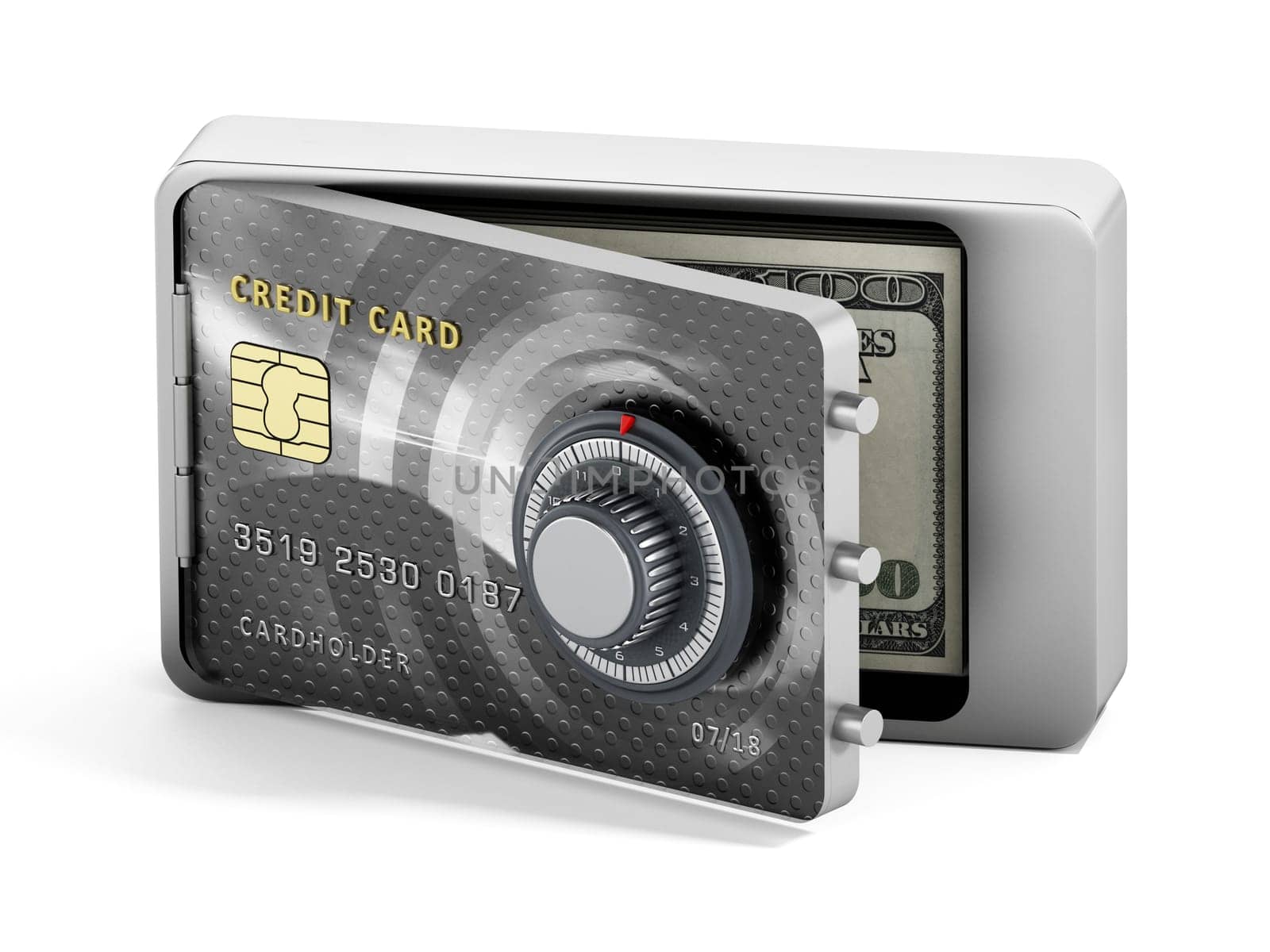 Half open credit card shaped steel safe. 3D illustration.