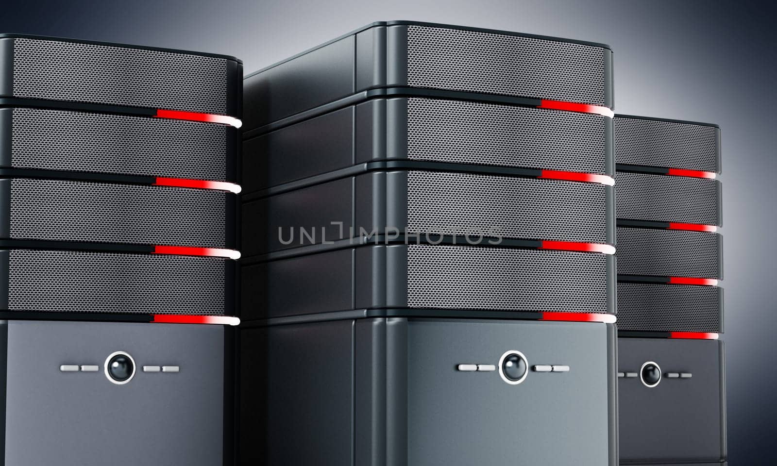 Black computer cases standing in a line.3D illustration.
