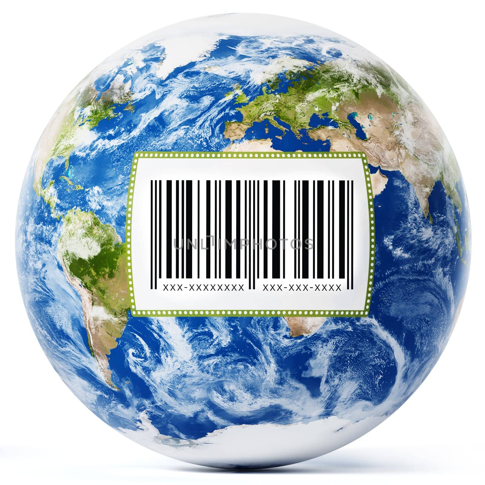 Earth with barcode label isolated on white background. 3D illustration.