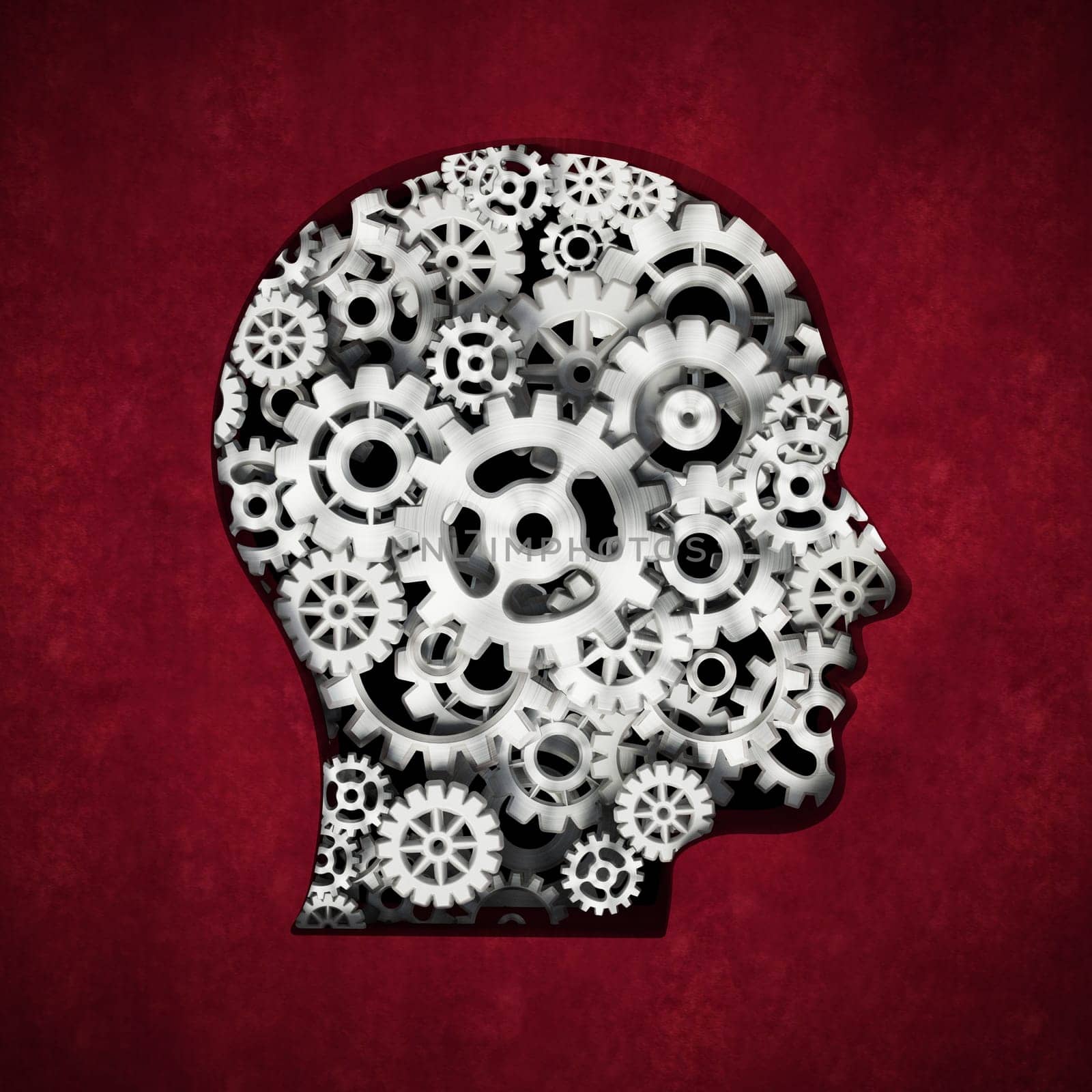 Metal cogs forming head shape. 3D illustration.