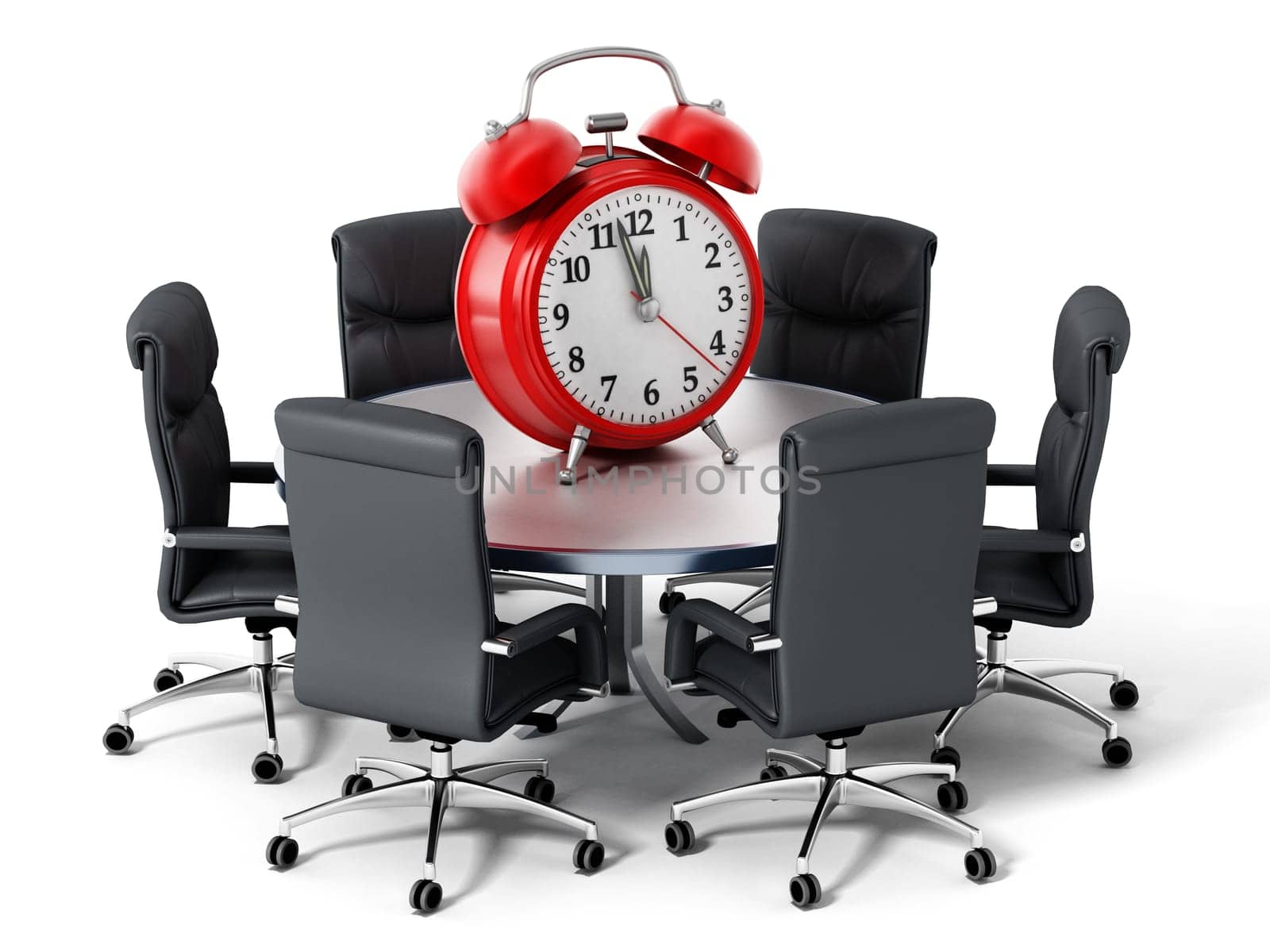 Red alarm clock on round business table isolated on white background. 3D illustration.