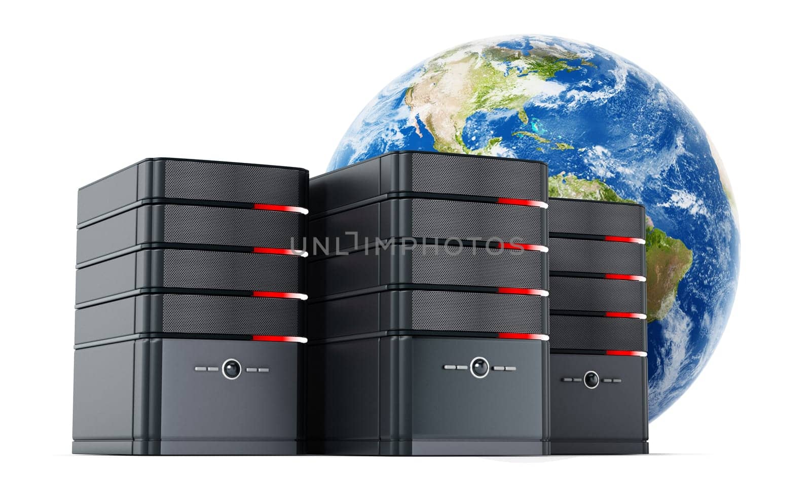 Black computer cases in front of the earth model. 3D illustration.