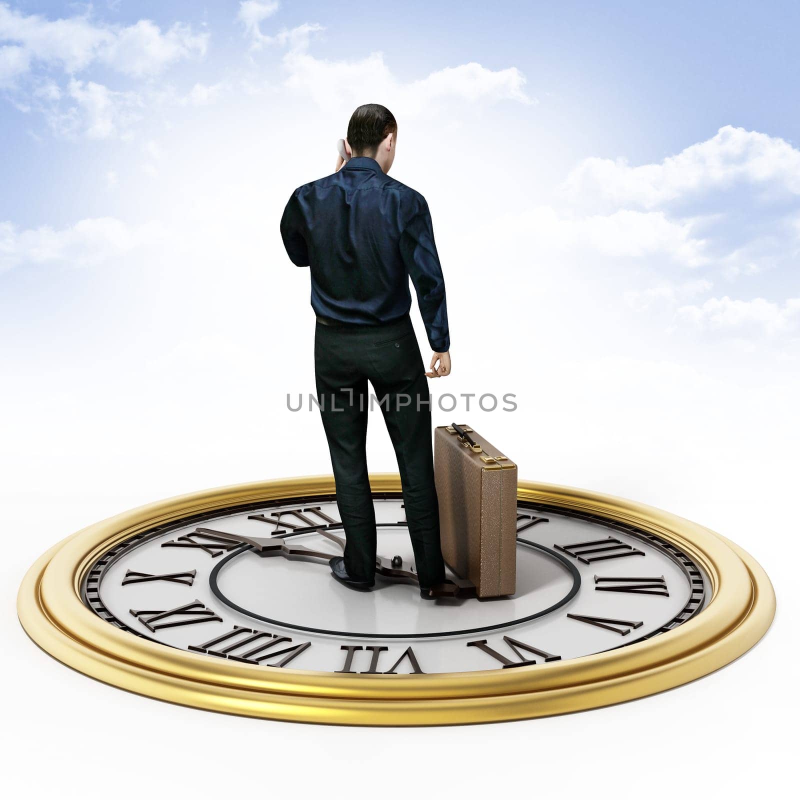 Businessman with a briefcase standing on the clock. 3D illustration.