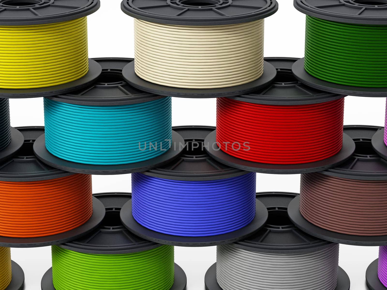3D printer filaments isolated on white background. 3D illustration.