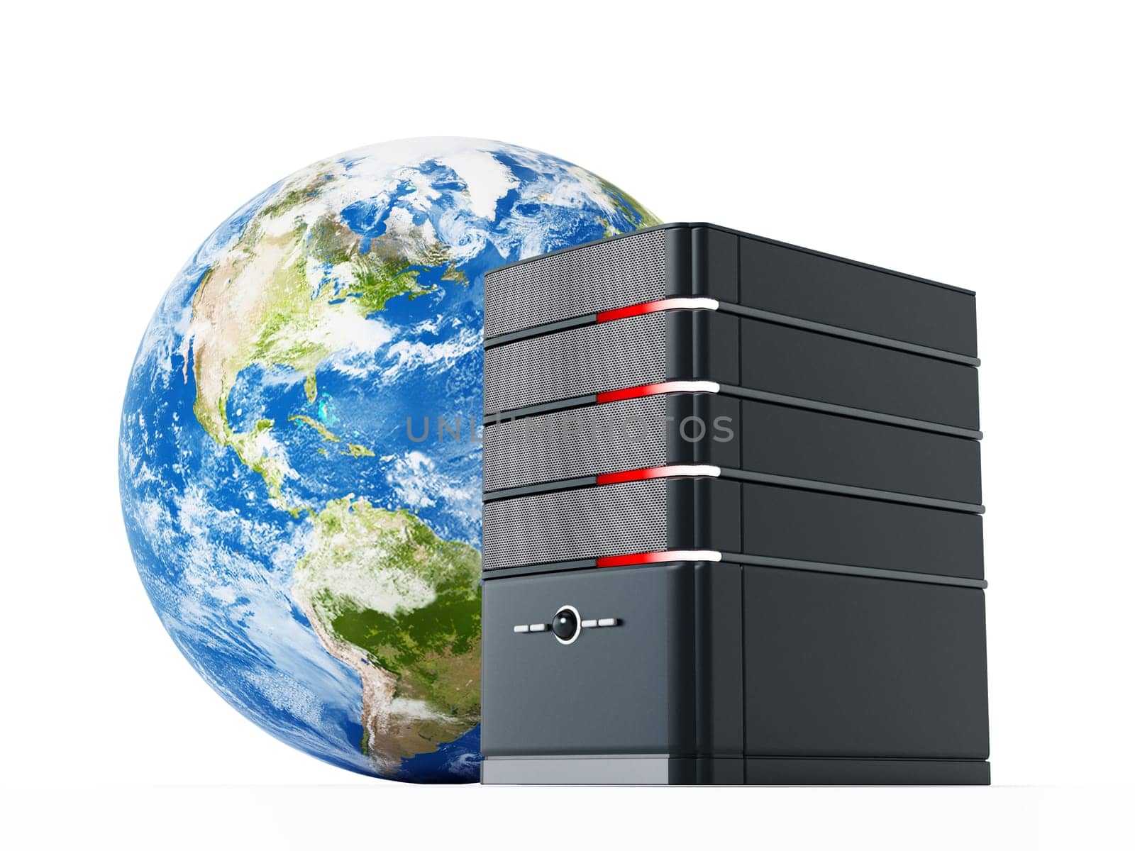 Black computer case in front of the earth model. 3D illustration.