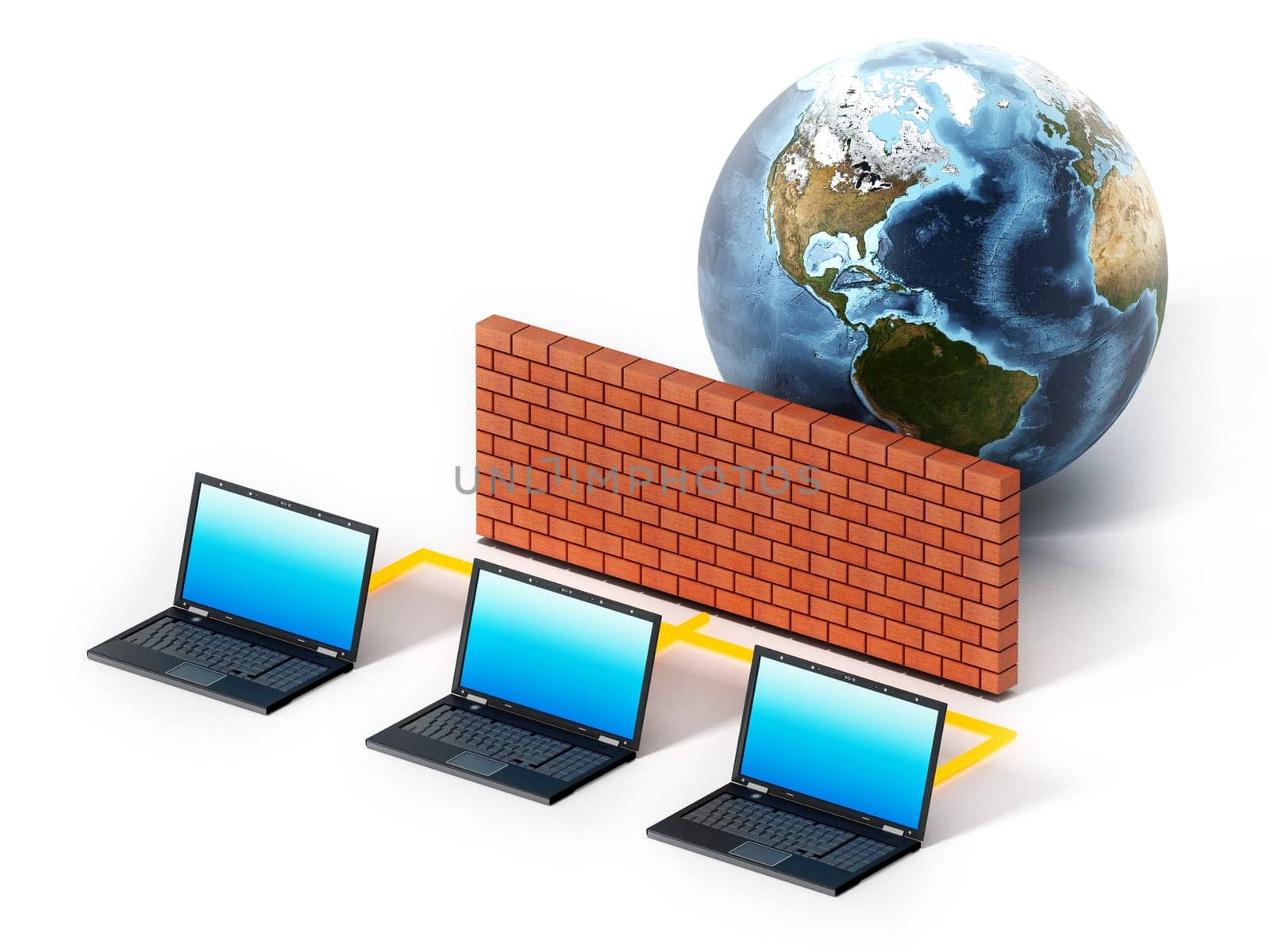 Laptop computers protected by firewall. 3D illustration.