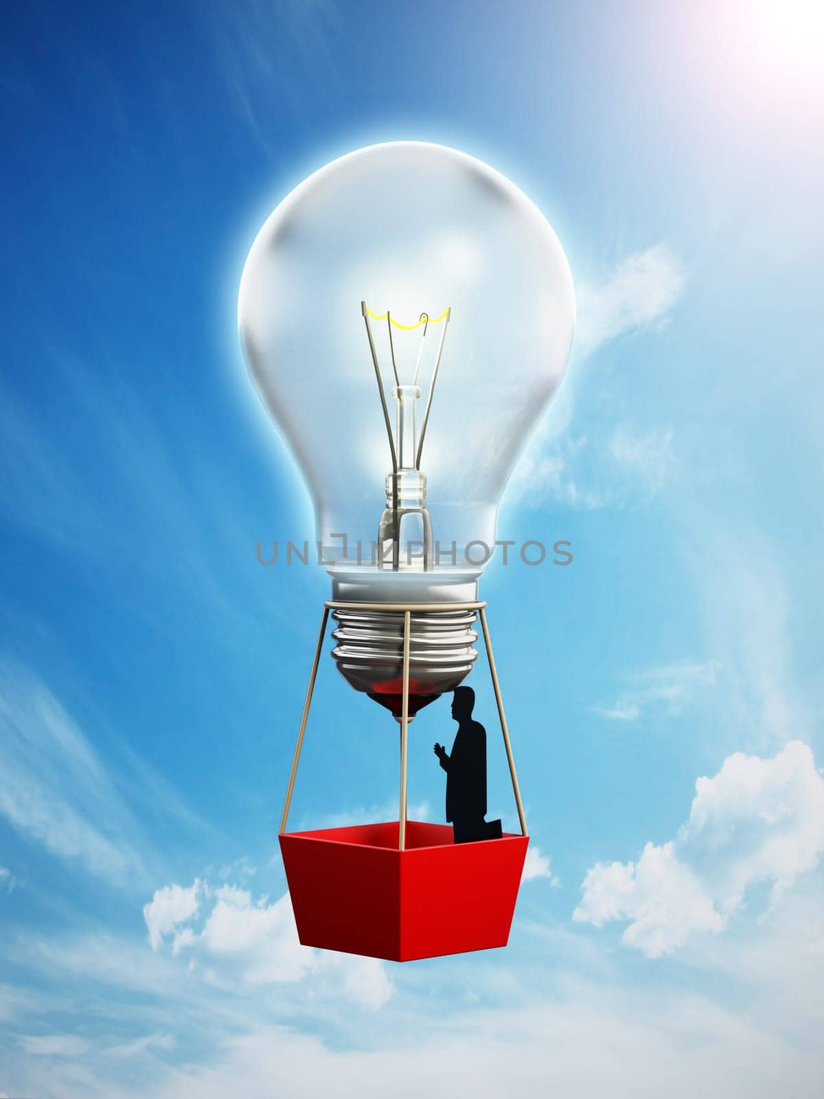 Businessman travelling inside lightbulb balloons. 3D illustration.