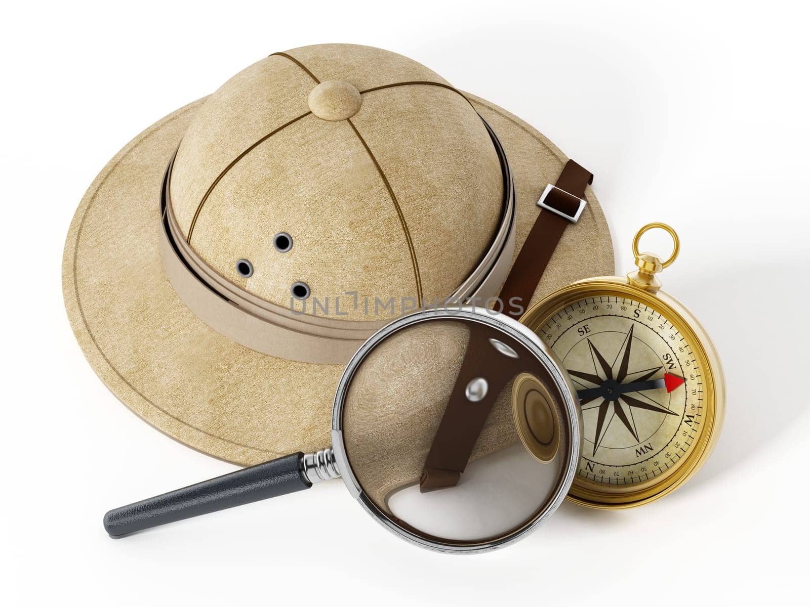 Explorer hat, magnifying glass and vintage compass isolated on white background. 3D illustration.