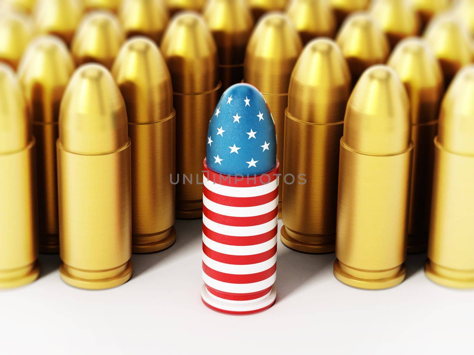 American flag textured bullet among yellow bullets. 3D illustration.
