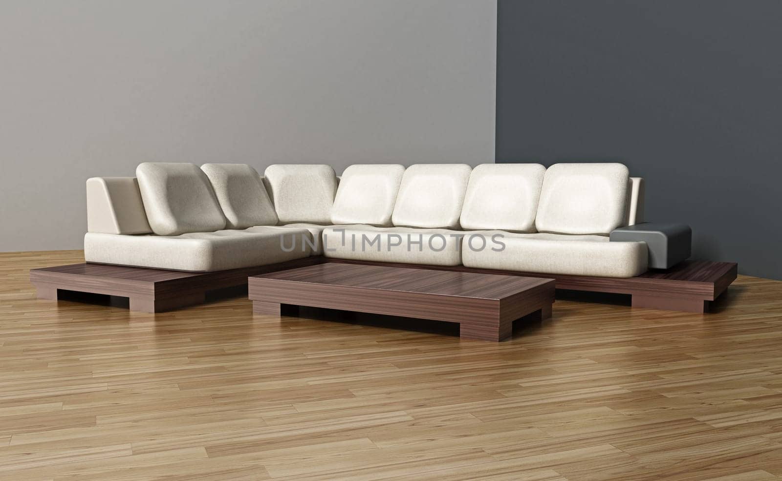 Modern and elegant sofa on parquet surface. 3D illustration.