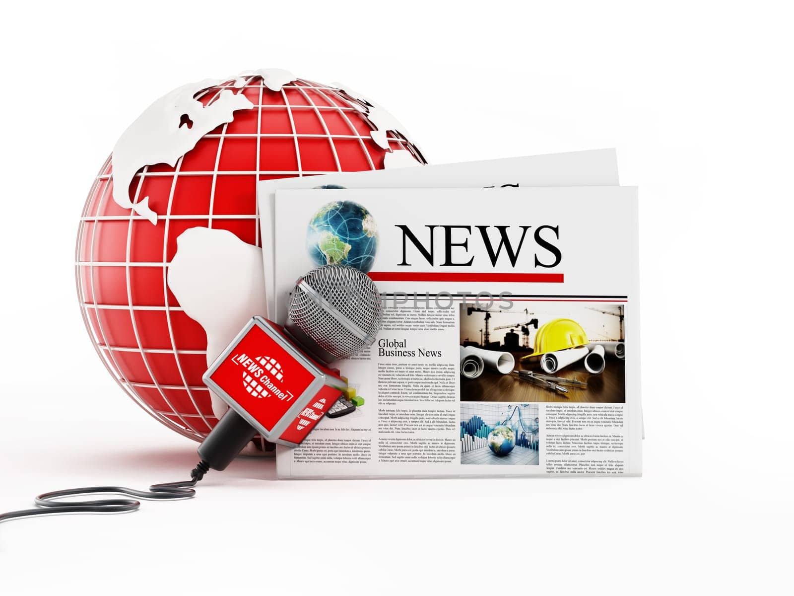Newspaper, microphone and globe isolated on white background. 3D illustration.