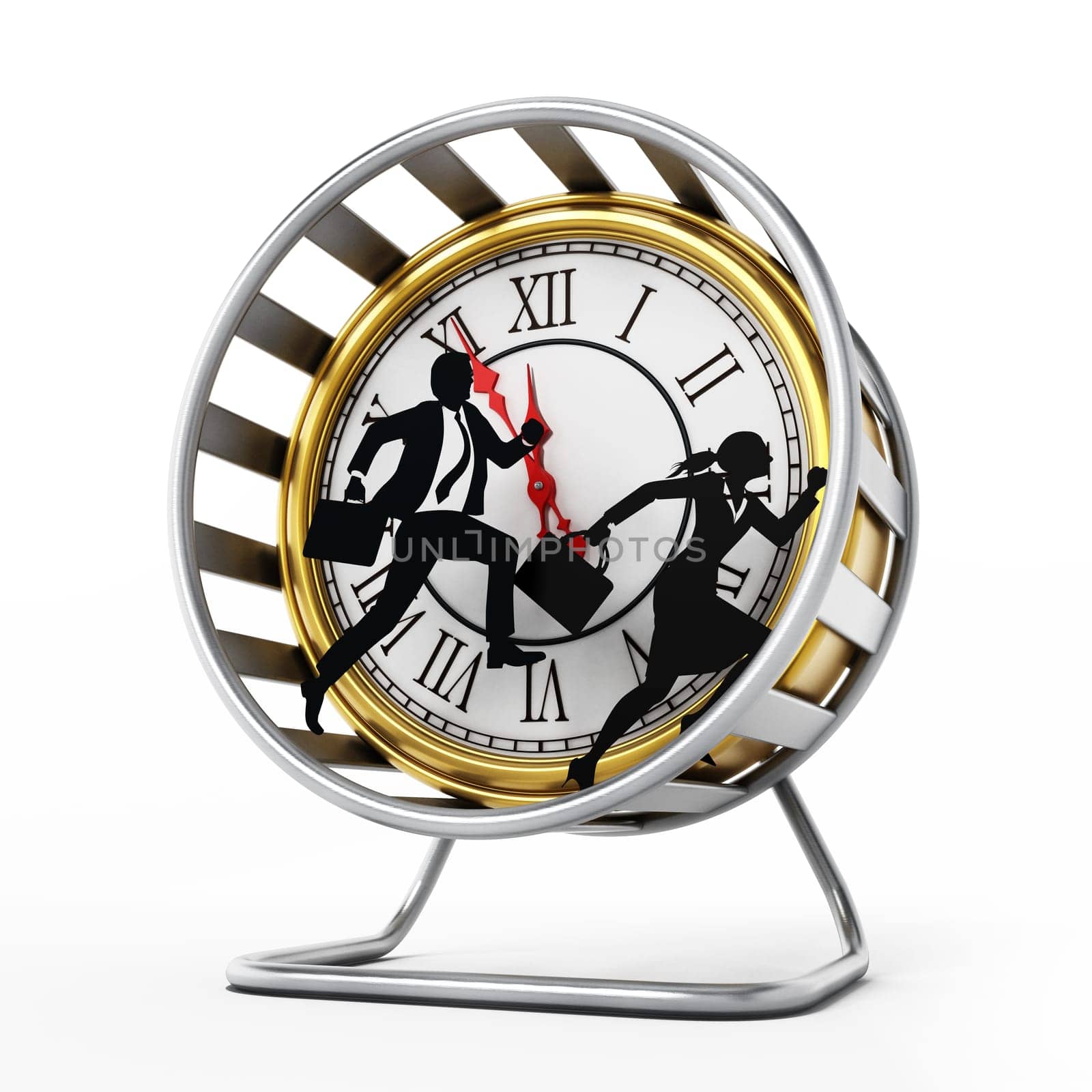 Businessman and business woman silhouettes running in the hamster wheel. 3D illustration.