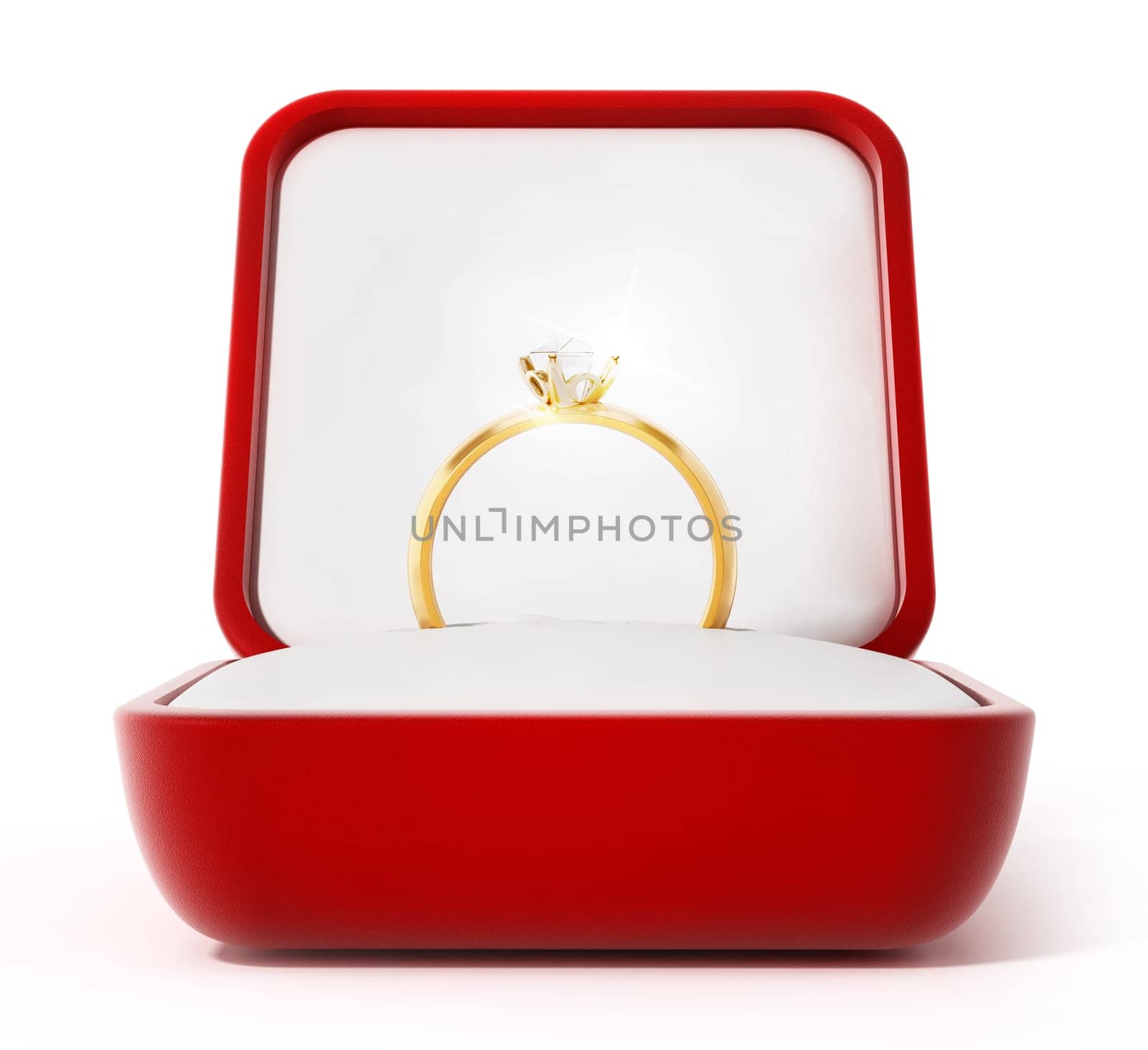 Diamond ring inside open red box. 3D illustration.