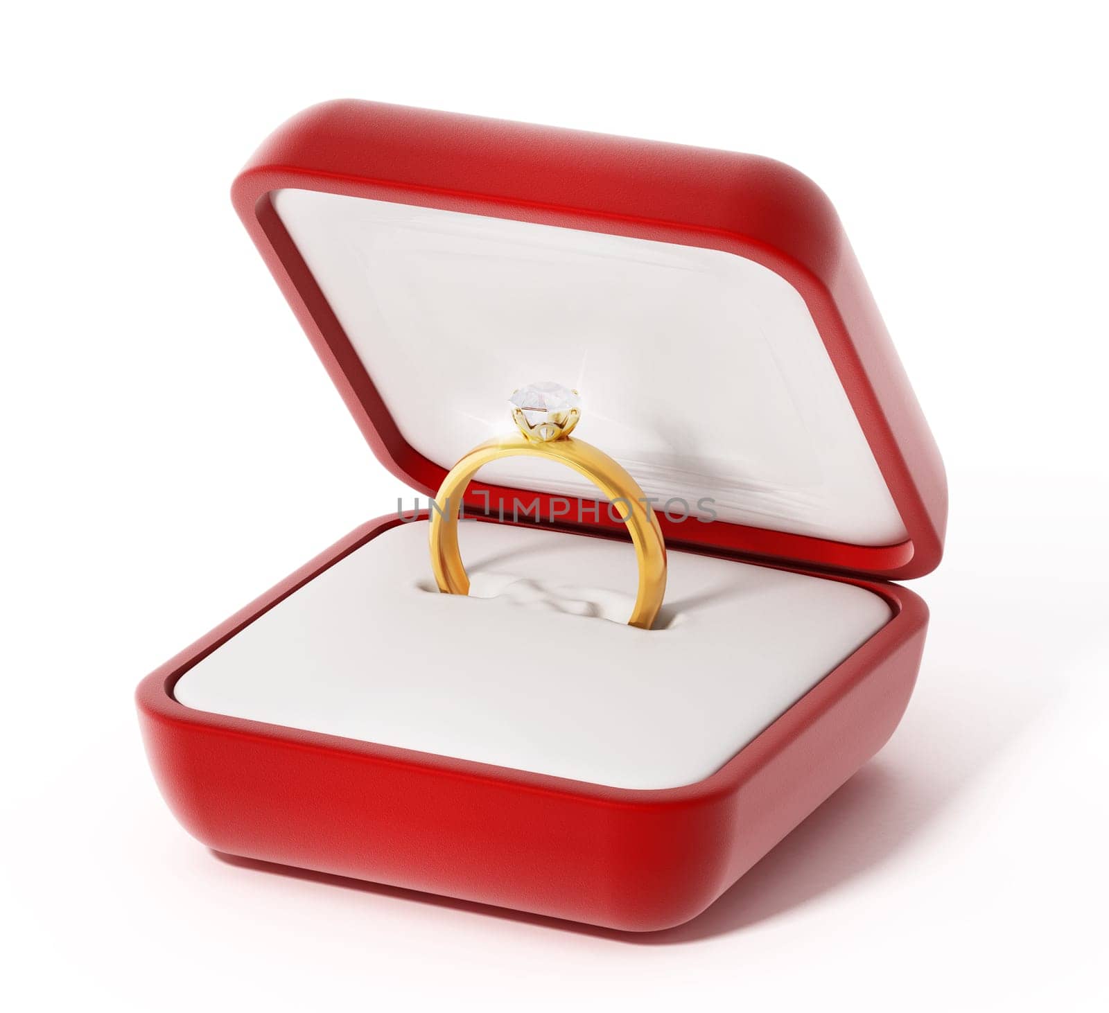 Diamond ring inside open red box. 3D illustration.