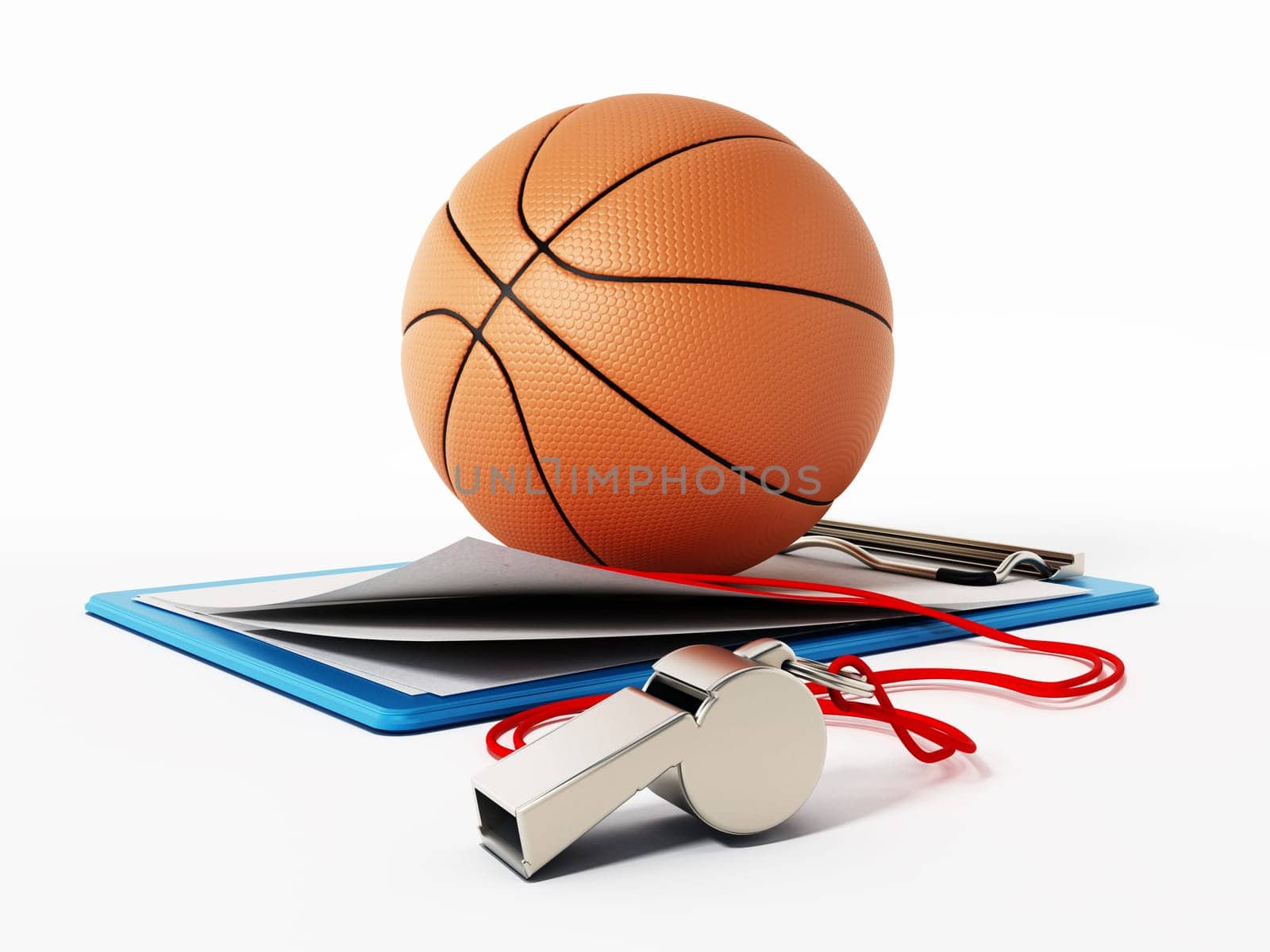 Sports whistle and empty pages isolated on white background. 3D illustration.