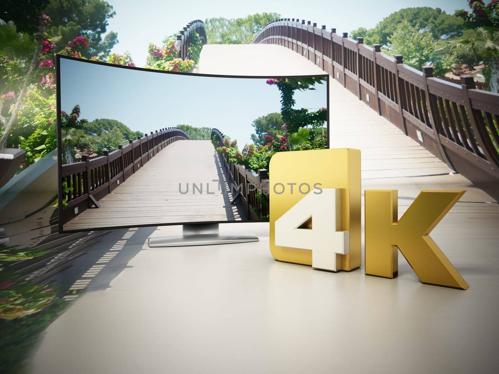 4K Ultra HD television on a bridge and sky setting. 3D illustration.