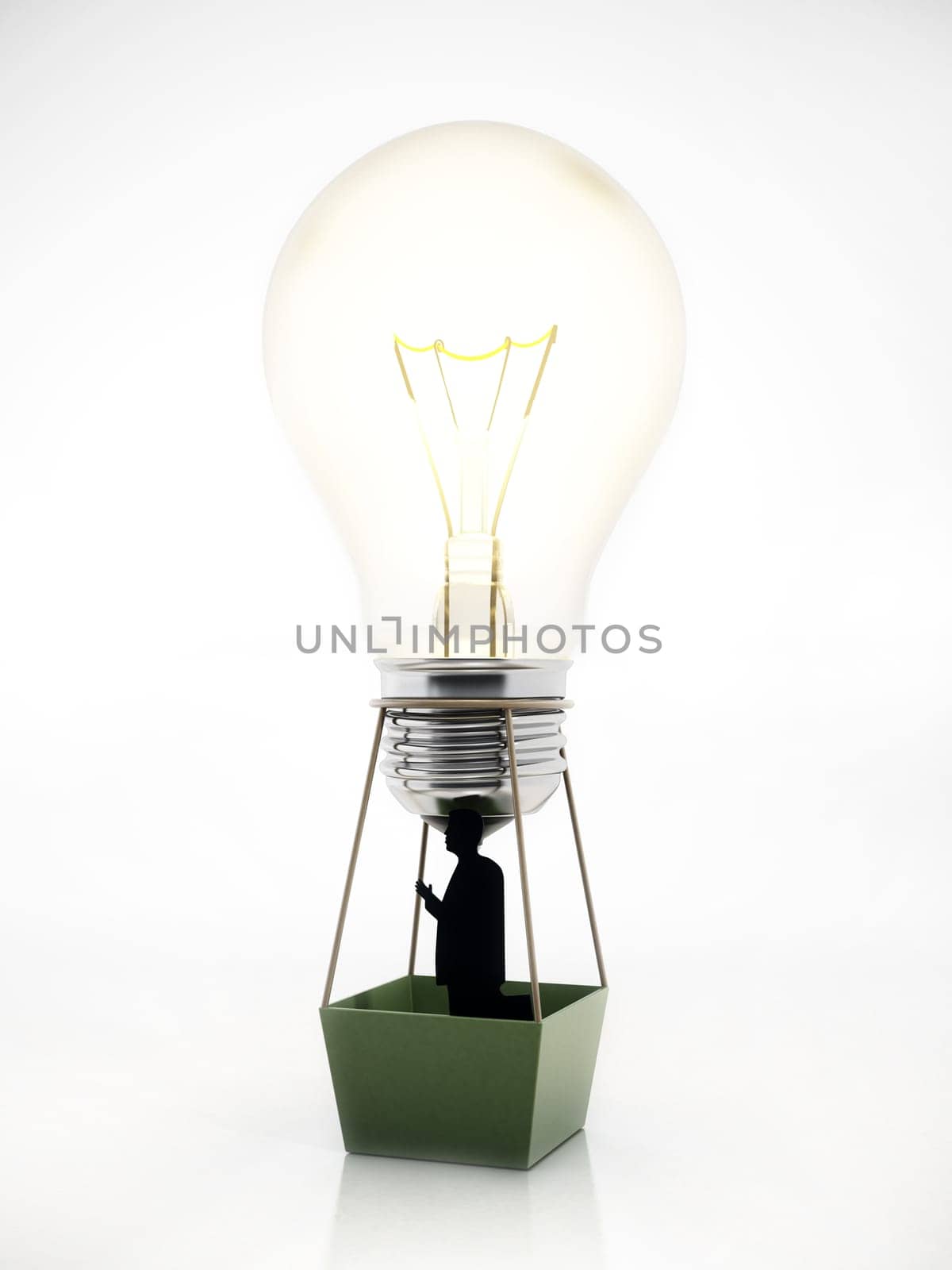 Businessman travelling inside lightbulb balloons. 3D illustration.