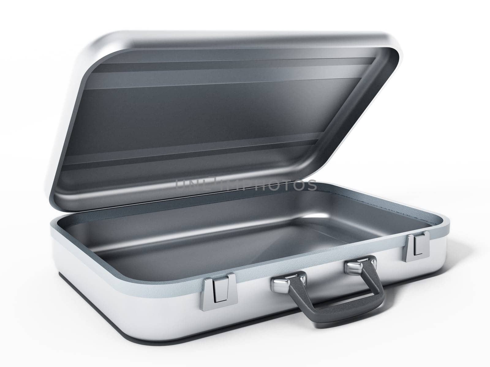 Open metal briefcase isolated on white background. 3D illustration.
