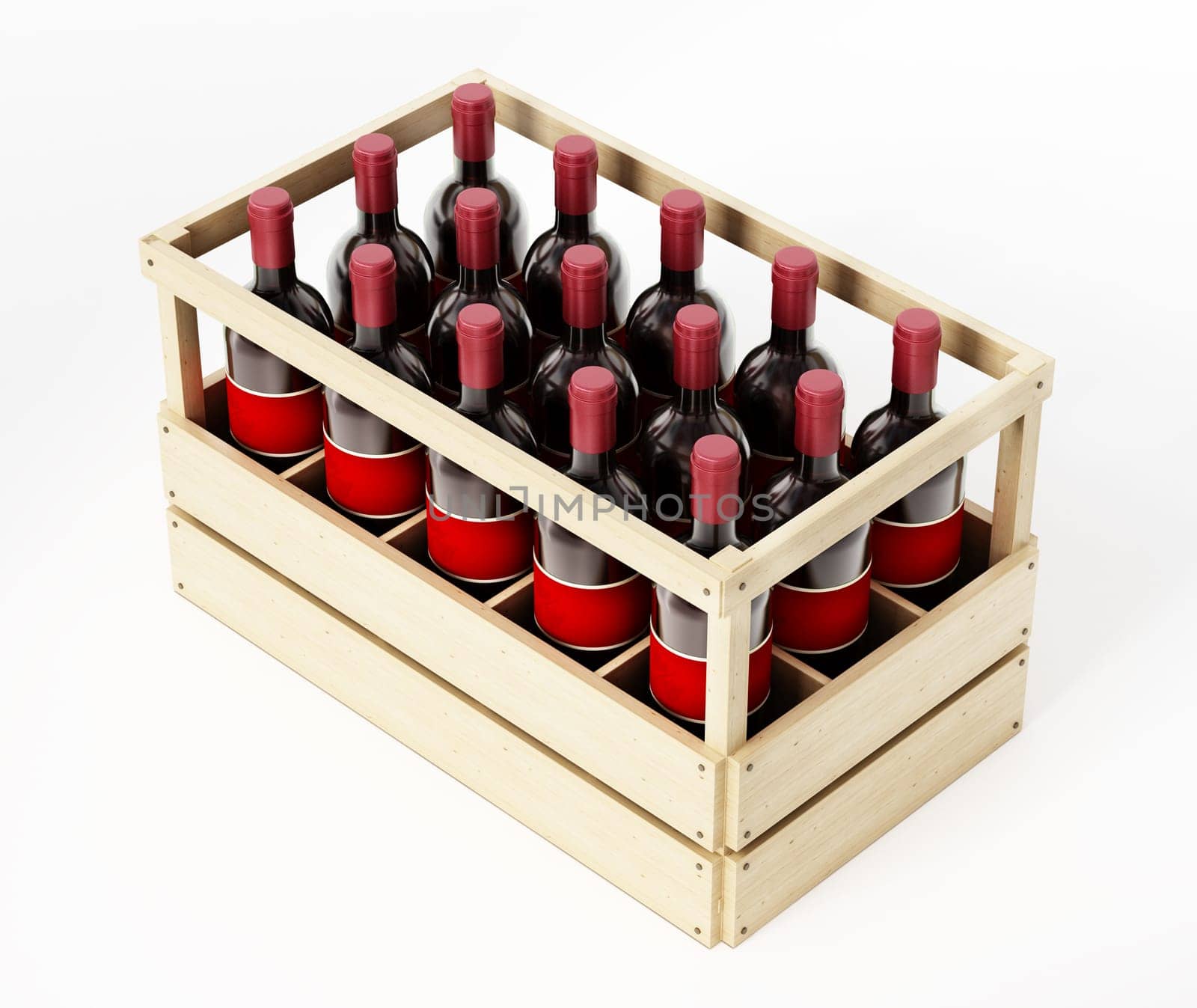 Wooden crate of red wine isolated on white background. 3D illustration.