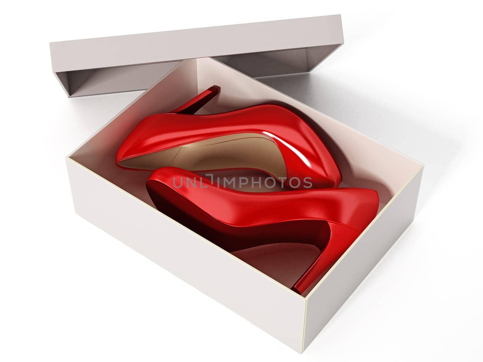 Women shoes and white box isolated on white background. 3d illustration.