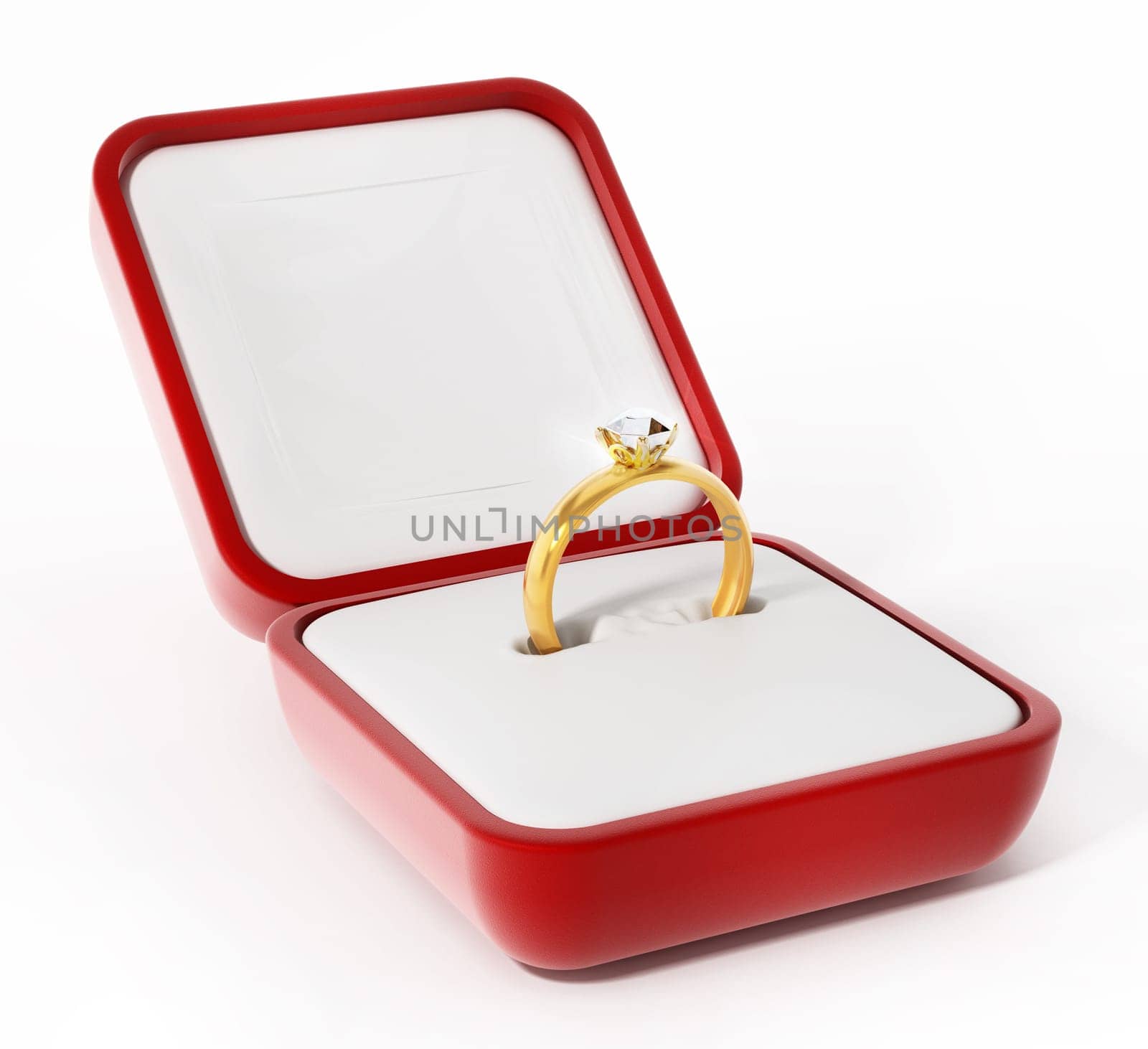 Diamond ring inside open red box. 3D illustration.