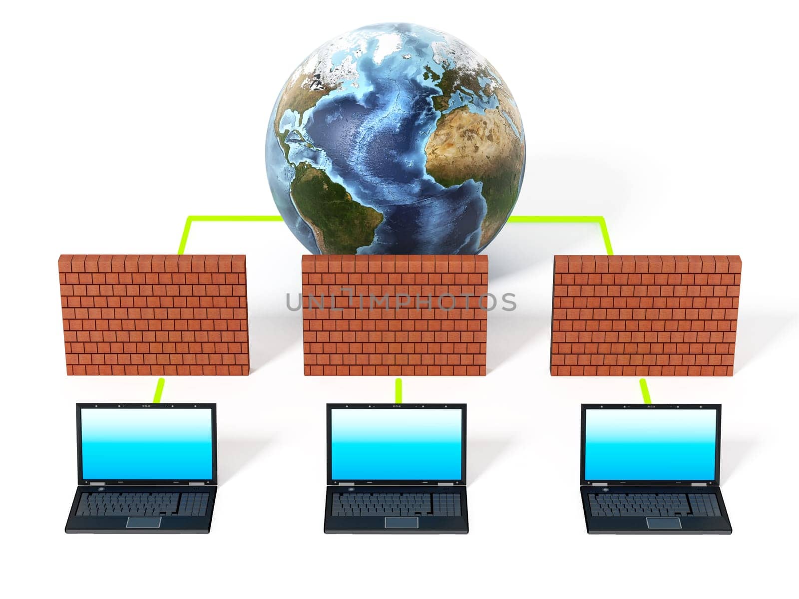 Laptop computers protected by firewall. 3D illustration.