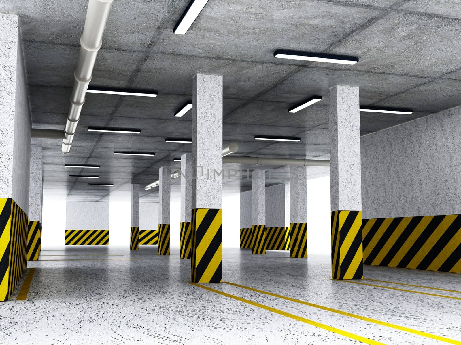 Indoor car parking lot with yellow lines. 3D illustration