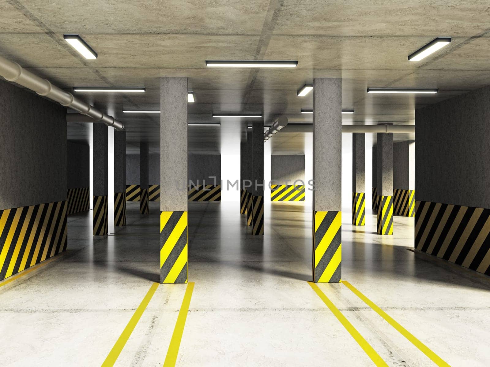 Indoor car parking lot with yellow lines. 3D illustration