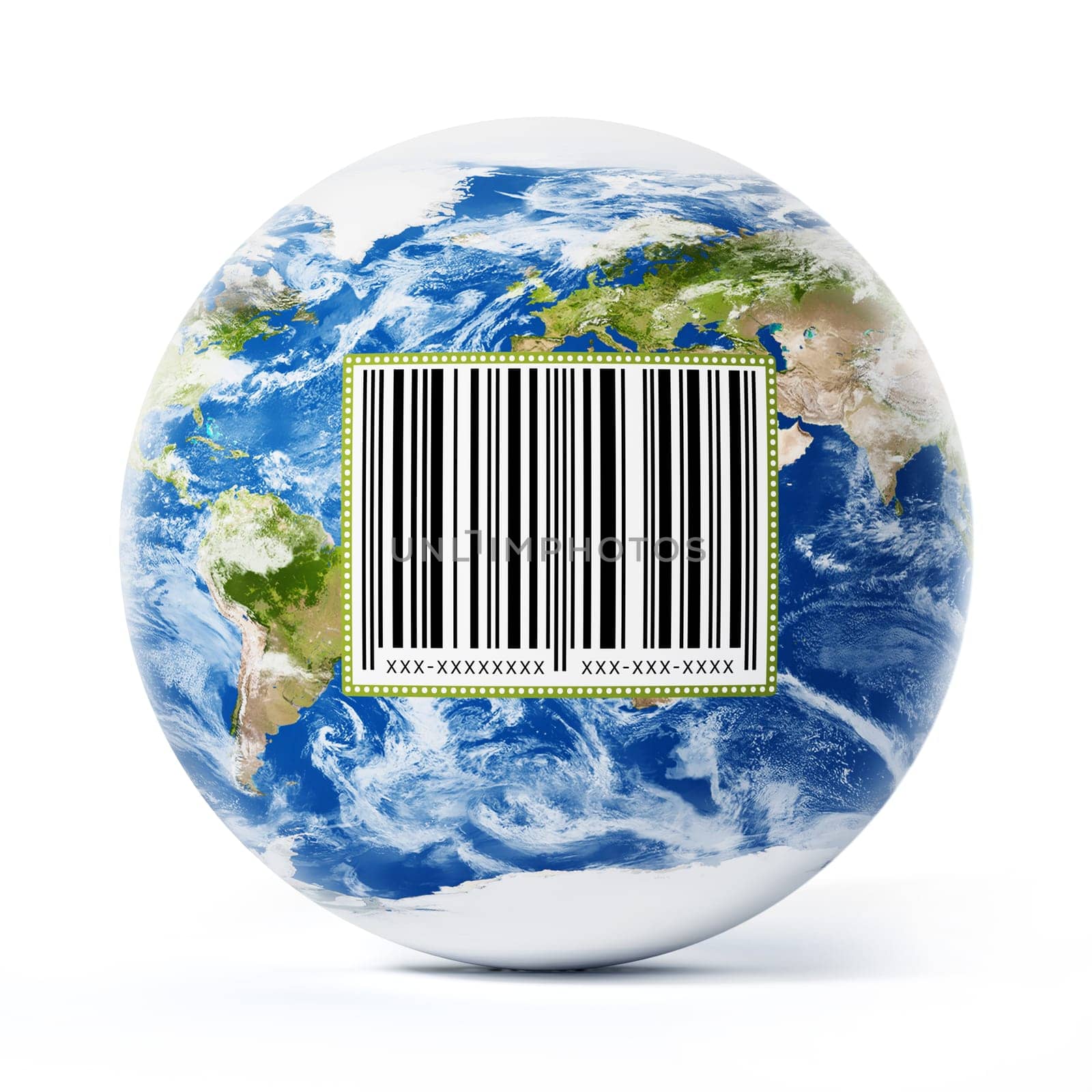 Earth with barcode label isolated on white background. 3D illustration.