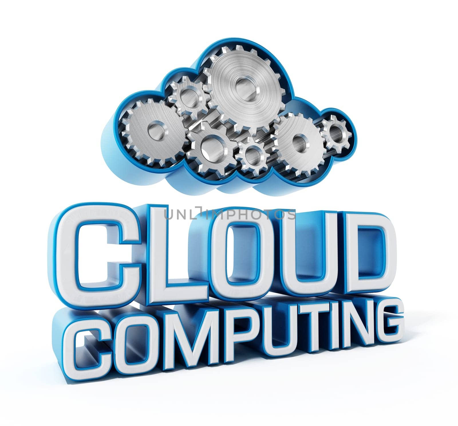 Gears forming a cloud shape and cloud computing text. 3D illustration