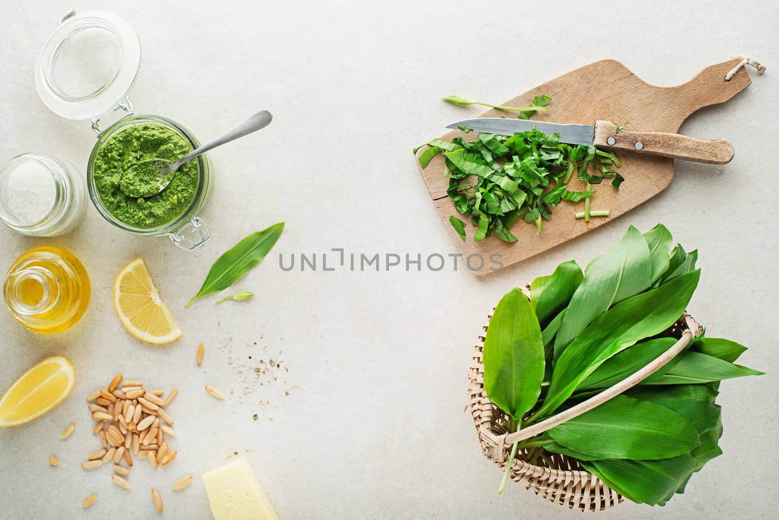 Making Fresh ramson or wild garlic pesto. Healthy spring food concept