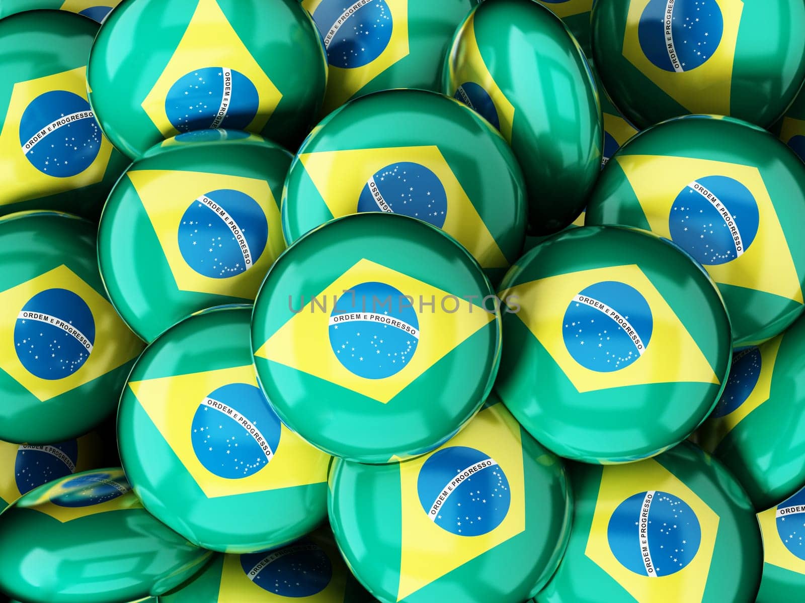 Stack of buttons with brazilian flag. 3D illustration.