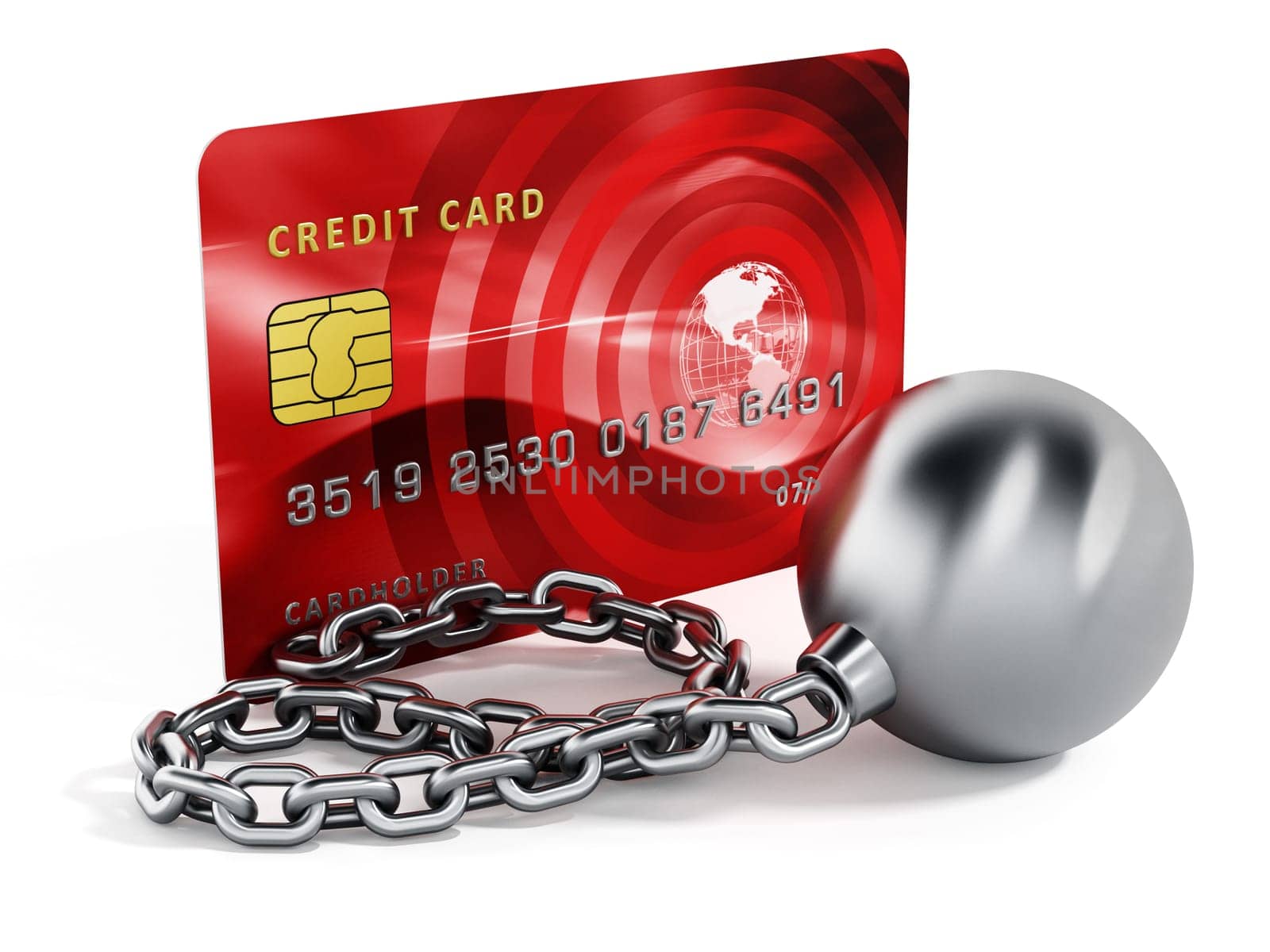 Ball and chain connected to credit card. 3d illustration.