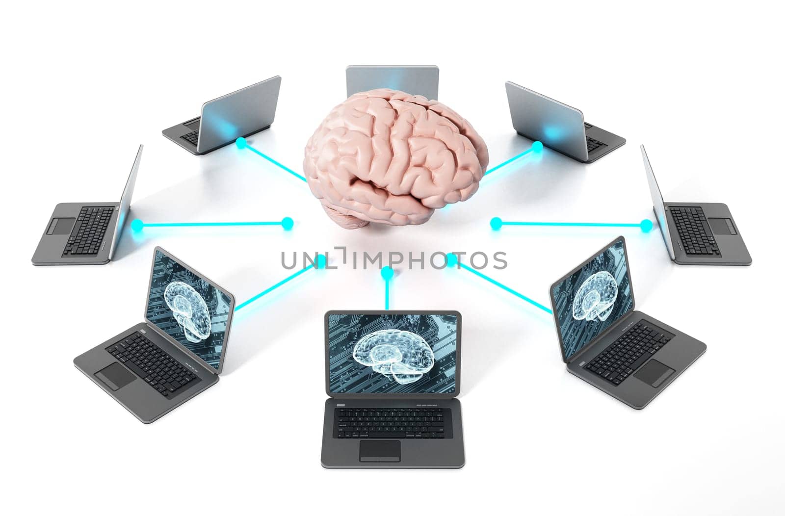 Brain connected to the laptop computers. 3D illustration.