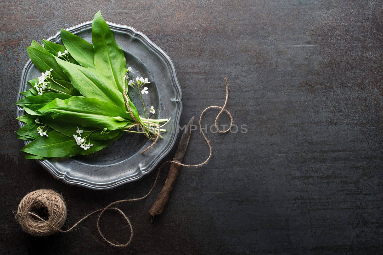 Bunch of fresh Wild garlic leaves on grey table closeup